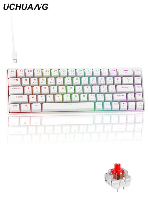 لوحة مفاتيح ميكانيكية مكونة من عربية 68 مفتاحًا، كيبورد سويتش أحمر هجينة خفيفة الوزن سلكية صغيرة الحجم لأجهزة الكمبيوتر الشخصية وأجهزة Mac ولوحة مفاتيح ألعاب إلكترونية محمولة - باللون أبيض