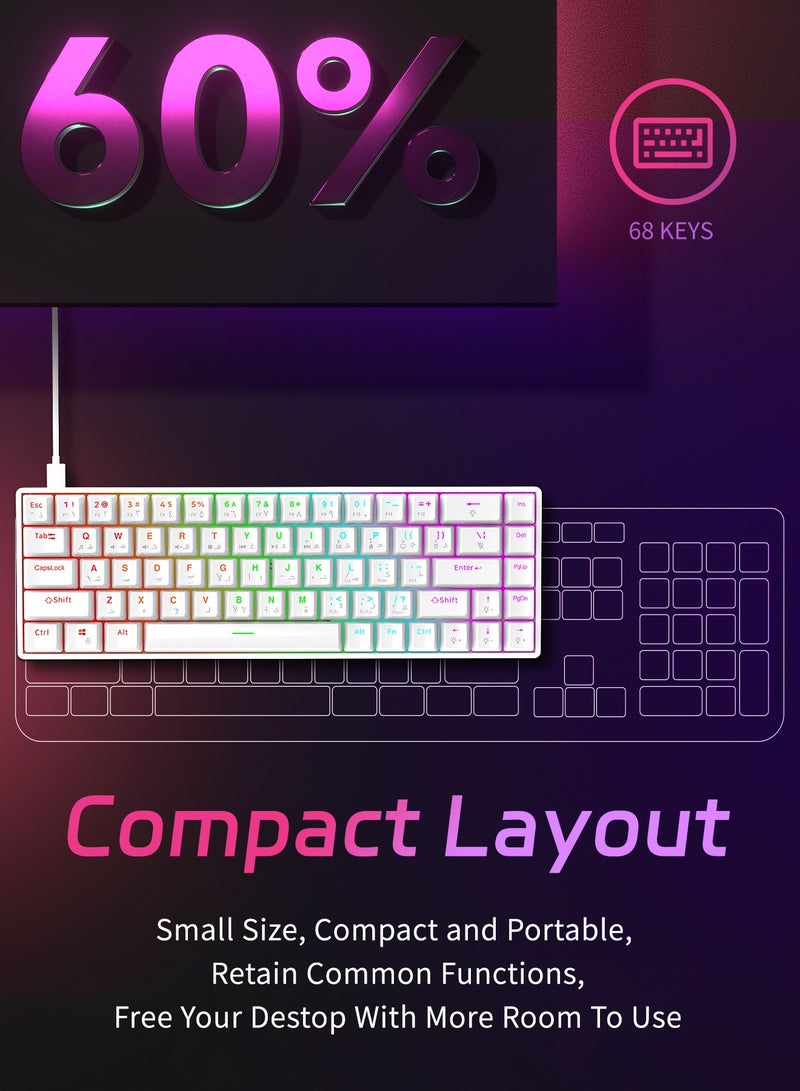 أوتشوانغ لوحة مفاتيح ميكانيكية مكونة من عربية 68 مفتاحًا، كيبورد سويتش أحمر هجينة خفيفة الوزن سلكية صغيرة الحجم لأجهزة الكمبيوتر الشخصية وأجهزة Mac ولوحة مفاتيح ألعاب إلكترونية محمولة - باللون أبيض - Image 2