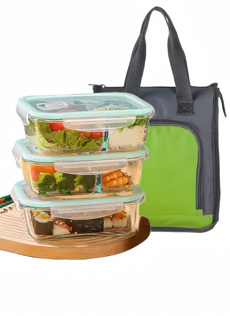 Browning - 3 Piece Large Capacity Microwave Heating High Borosilicate Food Grade Glass Lunch Boxes Glass Bowls Sealed Crisper Box,Lunch Boxes Office,Lunch Boxes School, 1040ml, 1040ml, 640ml with Insulation Bag - Image 1