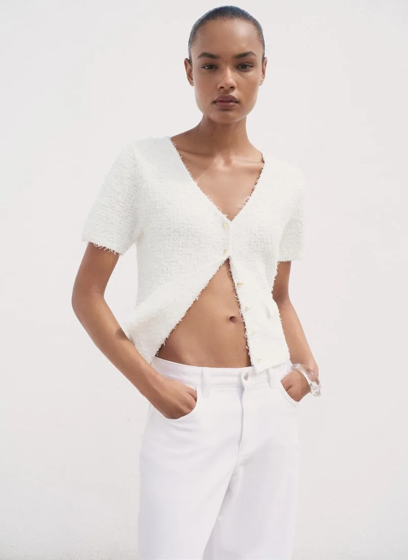 مانجو Short-Sleeved Bouclé Cardigan
