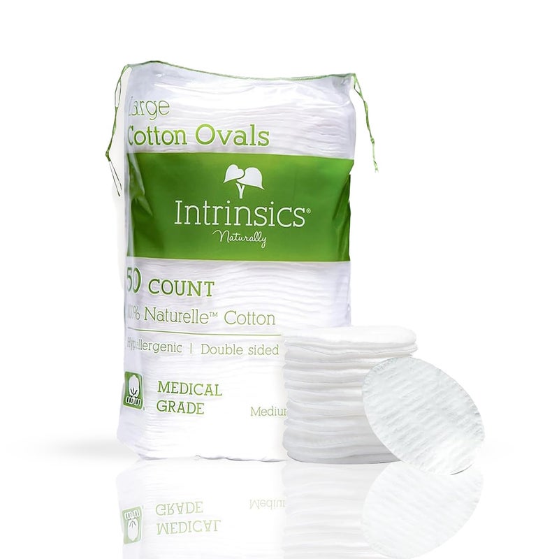 Intrinsics Premium Cotton Ovals (50 Count) â€“ Dual-Sided 3â€ Medium-High Absorbency Large Cotton Pads, Lint-Free Hypoallergenic Cotton for Makeup Removal, Cleansing, and Exfoliation - Image 1