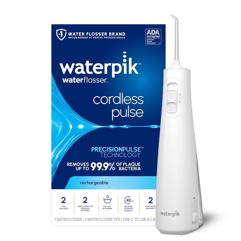 Waterpik جهاز تنظيف الأسنان بالماء اللاسلكي القابل لإعادة الشحن من ووتربك Pulse المحمول للعناية بالأسنان واللثة وتقويم الأسنان والسفر مع 2 نصائح تنظيف مقاوم للماء معتمد من ADA WF20 التعبئة قد تختلف - Image 1