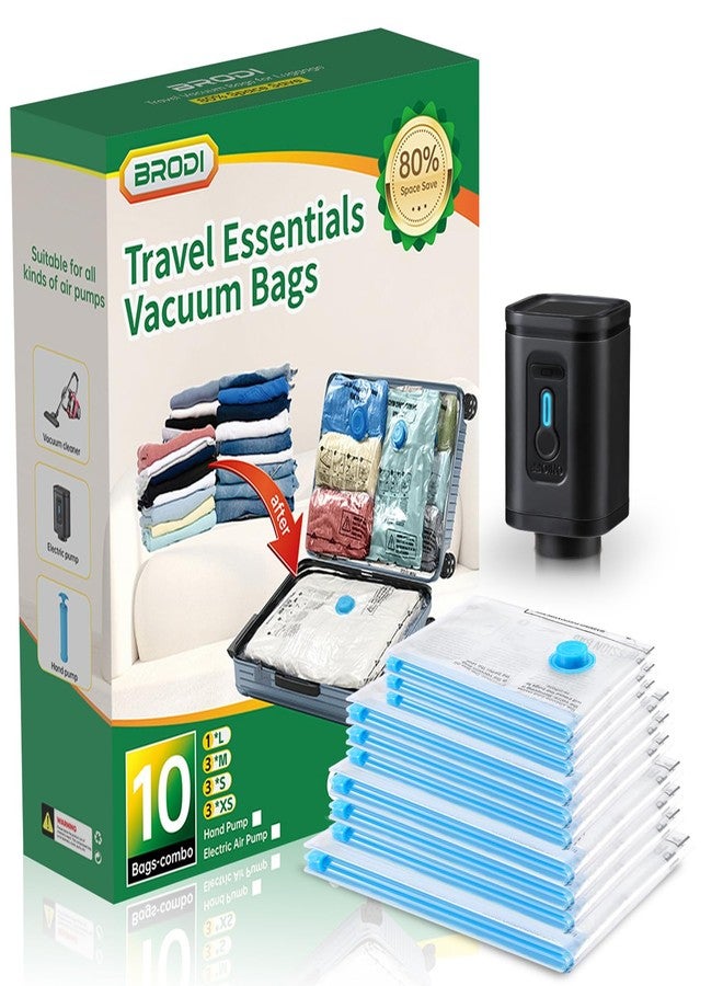 BRODI 10 Combo Pack Travel Vacuum Bags with Pump - Compression Bags for Travel,Vacuum Storage Bags for Space Saver & Travel Essentials,Vacuum Seal Bags for Clothing,Travel Vacuum Bags for Luggage - Image 1