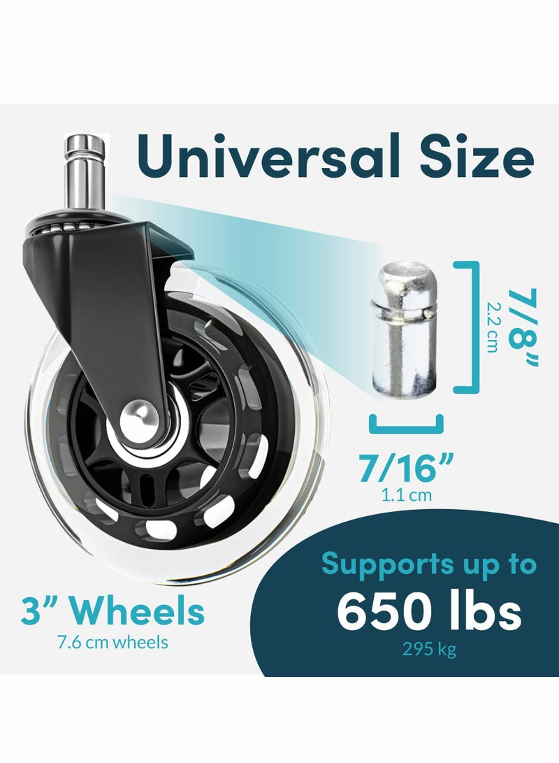Excefore Office Chair Wheels Replacement, 5 Pcs Office Chair Caster Wheels with Soft Rubber Rollers (3 Inch) - Image 4