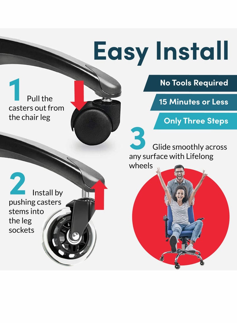 Excefore Office Chair Wheels Replacement, 5 Pcs Office Chair Caster Wheels with Soft Rubber Rollers (3 Inch) - Image 3