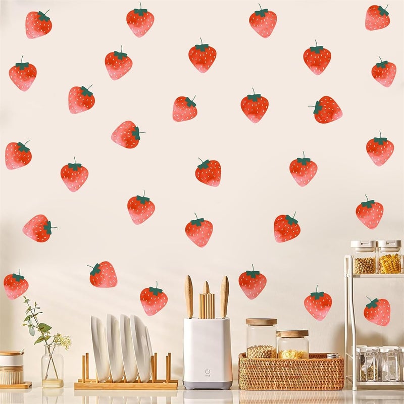 THEYGE Watercolor Strawberries Decals  Vintage Fruit Sticker Retro Strawberry Peel and Stick Kitchen Wall Stickers Boho Decor for Nursery Baby Room Girl Bedroom - Image 1
