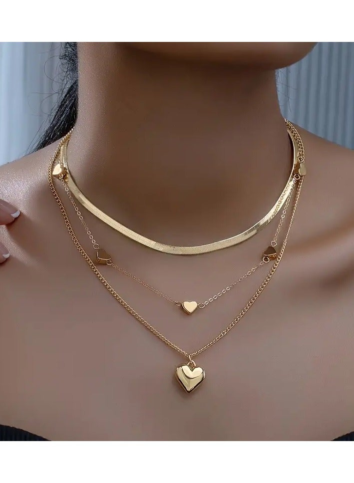 Goolsky 1 Set Elegant 3-Layer Golden Heart Pendant Necklace, Stainless Steel Fashion Choker and Chain, Luxurious No-Gem Inlay, Versatile for Daily Wear & Gifting, Perfect Valentine'S Day Gift for Her - Image 1