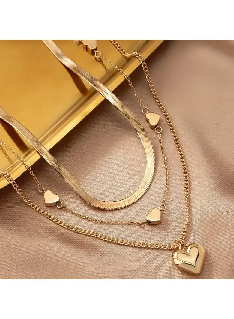 Goolsky 1 Set Elegant 3-Layer Golden Heart Pendant Necklace, Stainless Steel Fashion Choker and Chain, Luxurious No-Gem Inlay, Versatile for Daily Wear & Gifting, Perfect Valentine'S Day Gift for Her - Image 2