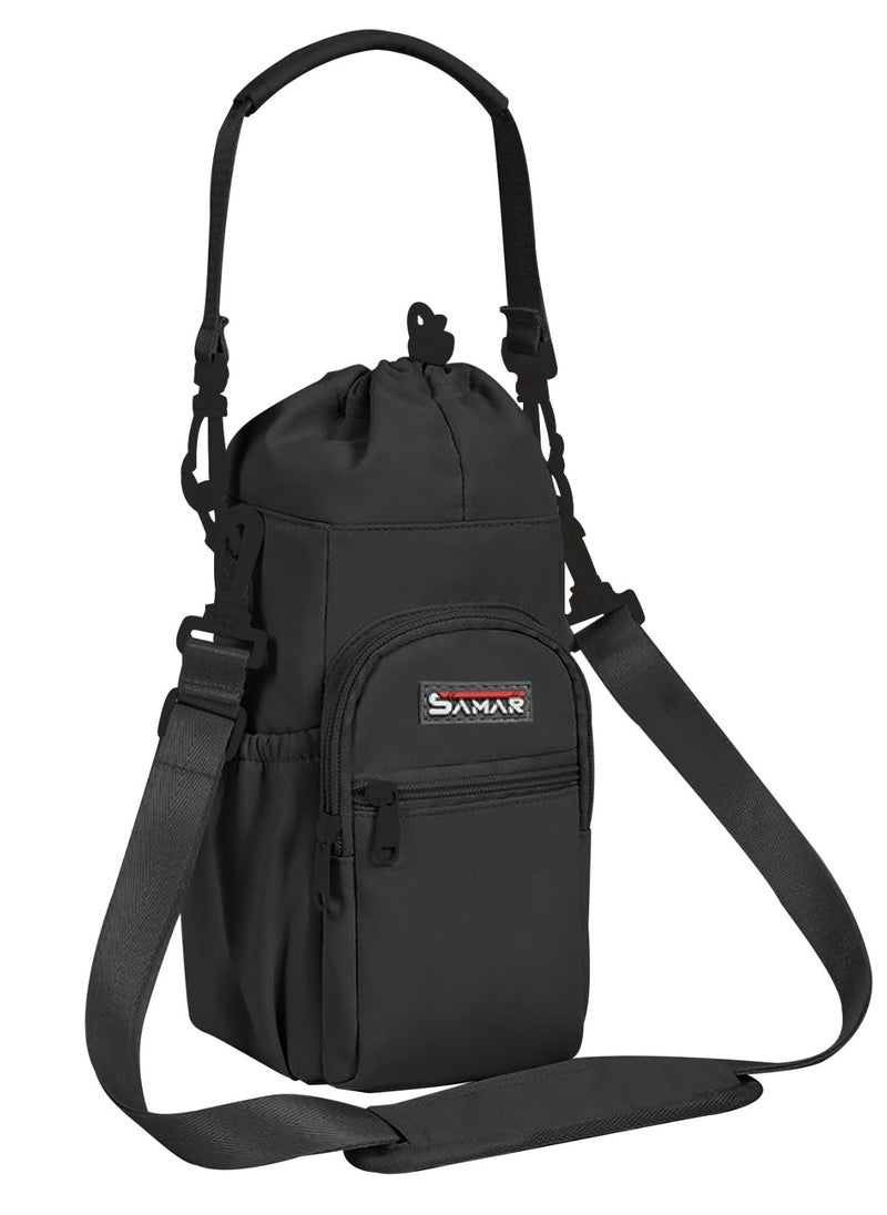 Side bag for carrying cups, water bottles and water bottles, with a hand holder or side holder and additional pockets for mobile phones and personal belongings