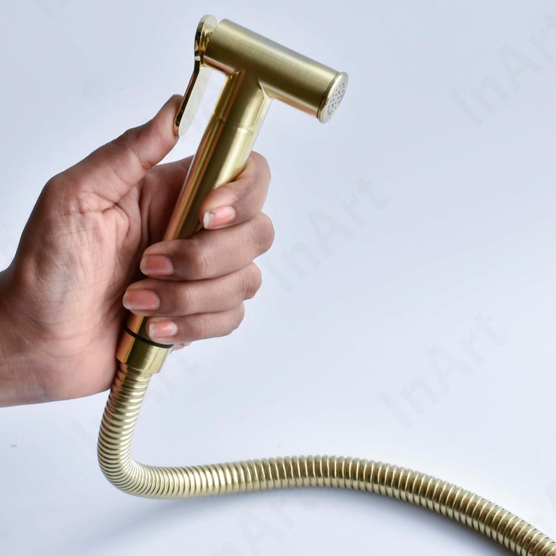 inart InArt Health Faucet for Bathroom Premium Jet Spray with Hose and Holder Superior Low Water Pressure Performance Easy Grip Design Durable Brass Material Golden Matt - Image 5