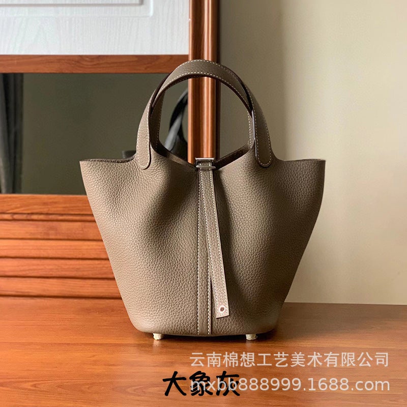 Women'S Basket Bag Trendy Fashion Handbag With Lychee Pattern Korean Style Soft Leather Small Bucket Bag For Women Crossbody - Image 1