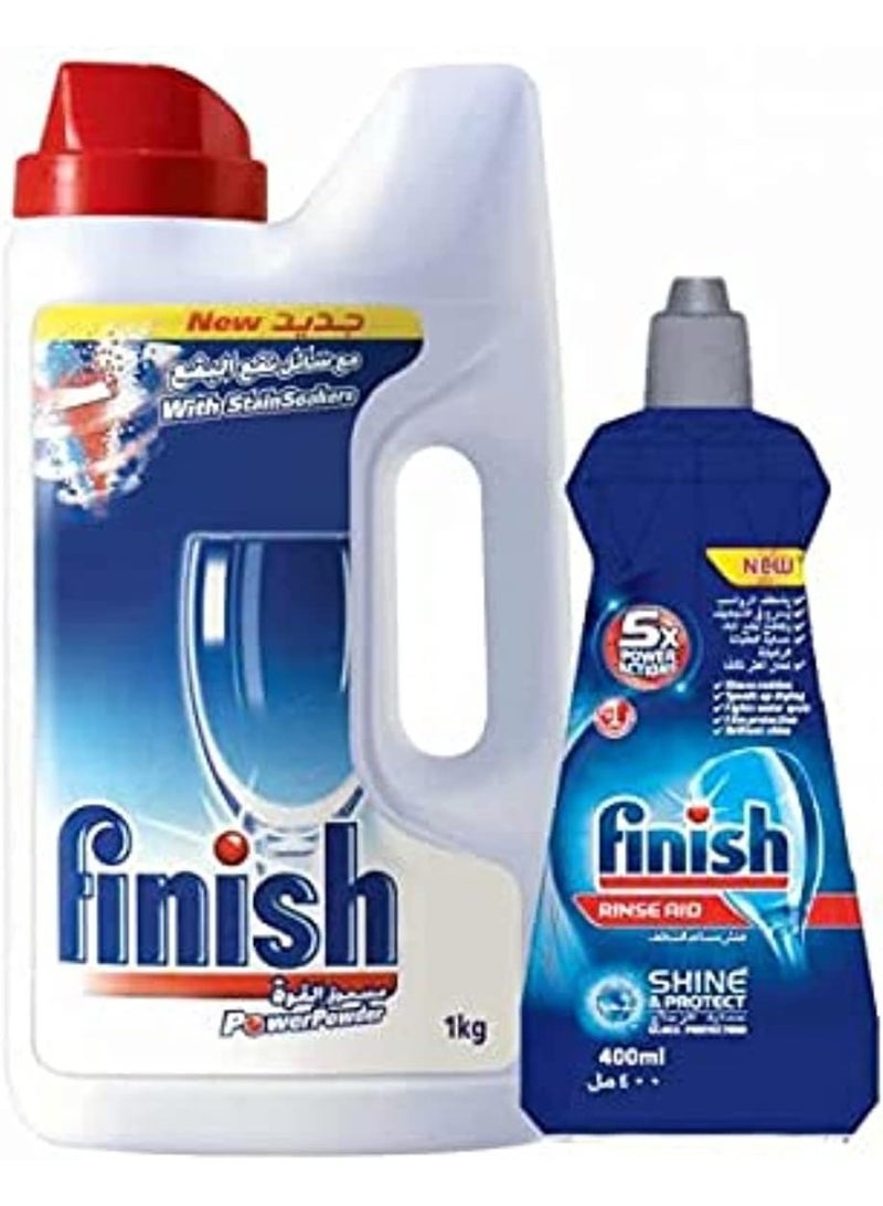 فنيش عرض فينيش: مسحوق الطاقة لغسالات الأطباق (1 كجم) + سائل شطف للمعان وحماية (400 مل)