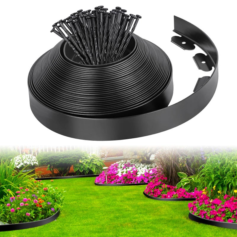 FunFanso 2Inch x 33 FT Landscape Edging Border with 50 Spikes Garden Edging Border Lawn Edging Plastic Edging for Landscaping Flower Beds Yard Pathway Paver Edging Black