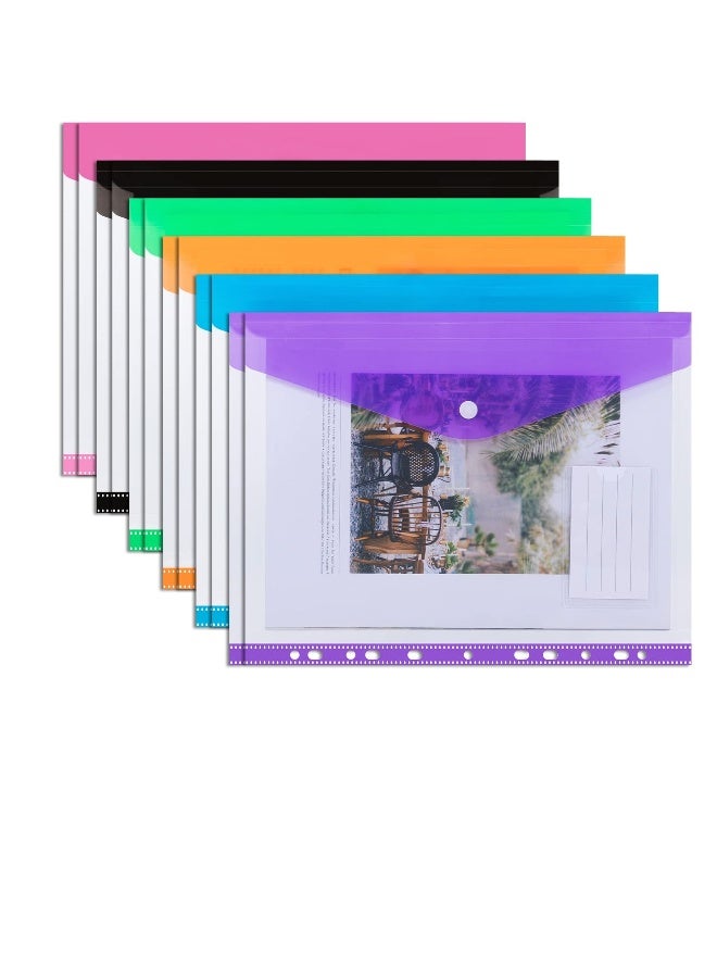 A4 Punched File Pockets, Plastic Envelopes, 12Pcs Plastic Document Files, Document File Folders with Snap Closure, Poly Envelopes, for Home,Office and School (Colorful) - Image 1