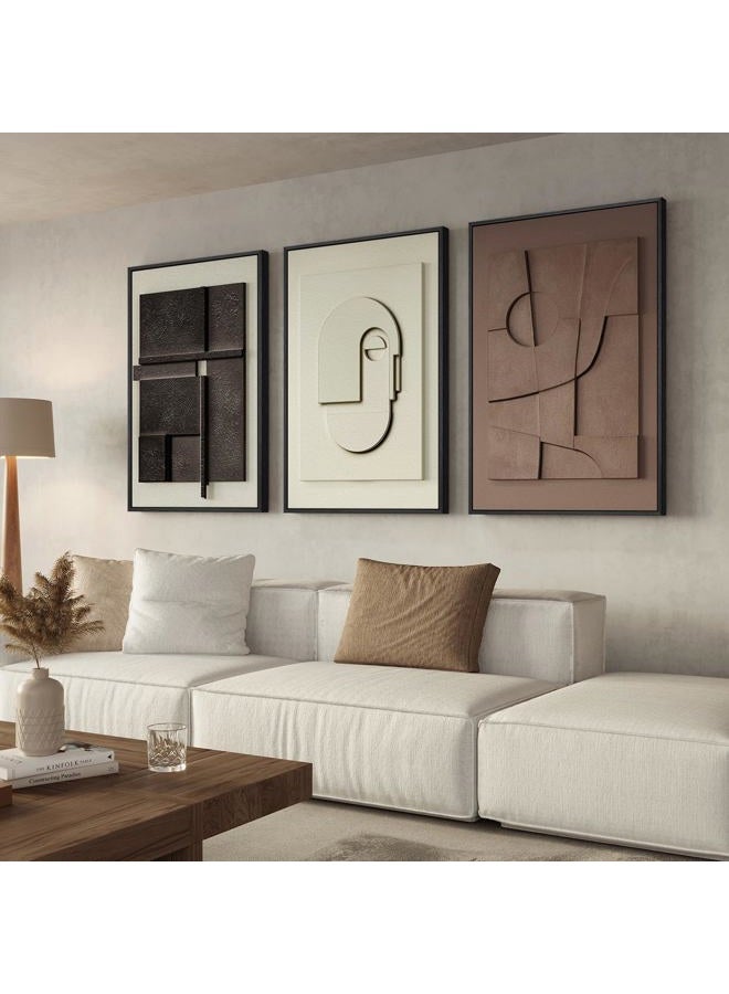Cuspin VAN GOGH ART Large Framed Abstract 3D Textured Wall for Living Room, 3-Piece Modern Neutral work for Walls, Geometric Brown White Textured Wall Big Size Sandstone Painting Prints for Meeting Room - Image 1