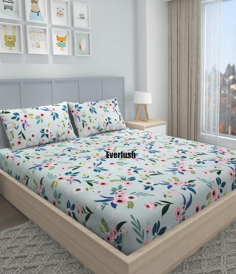 EVERLUSH Best Fitted with Elastic Bedsheet Platinum Printed Bedsheets Double King Size Bedsheets with 2 Pillow Covers Glace Cotton bedsheet | 78 x 72 (Mix Leaf) - Image 2