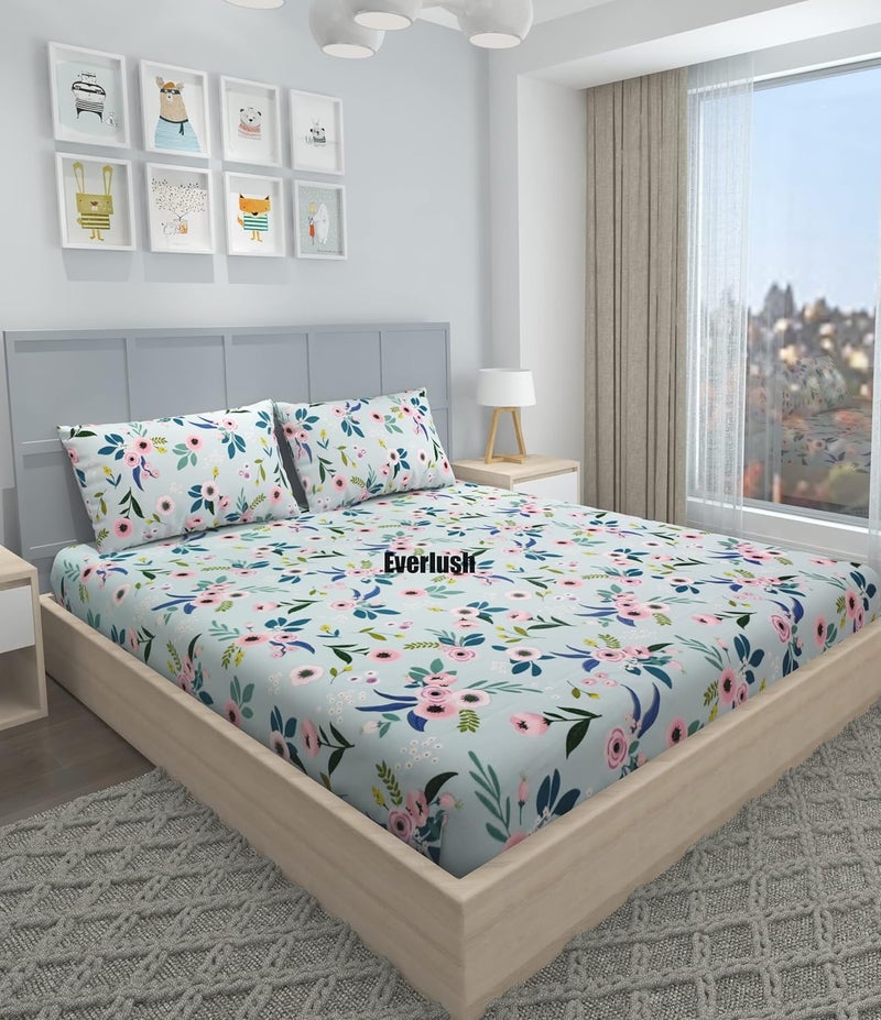 EVERLUSH Best Fitted with Elastic Bedsheet Platinum Printed Bedsheets Double King Size Bedsheets with 2 Pillow Covers Glace Cotton bedsheet | 78 x 72 (Mix Leaf) - Image 1