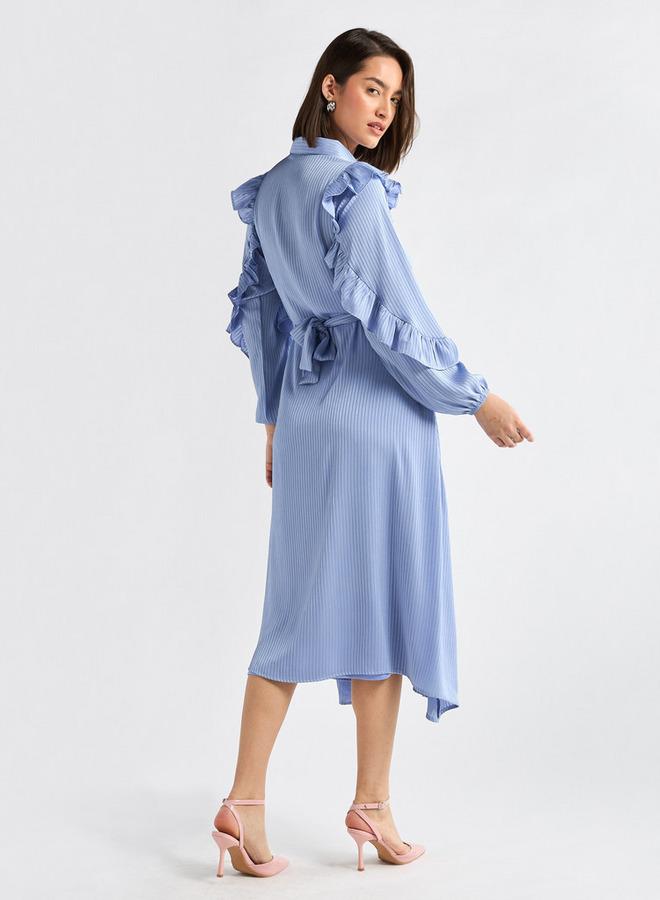 سبلاش فيڤ فستان ميدي مخطط غير متماثل بأكمام مكشكشة - Image 3