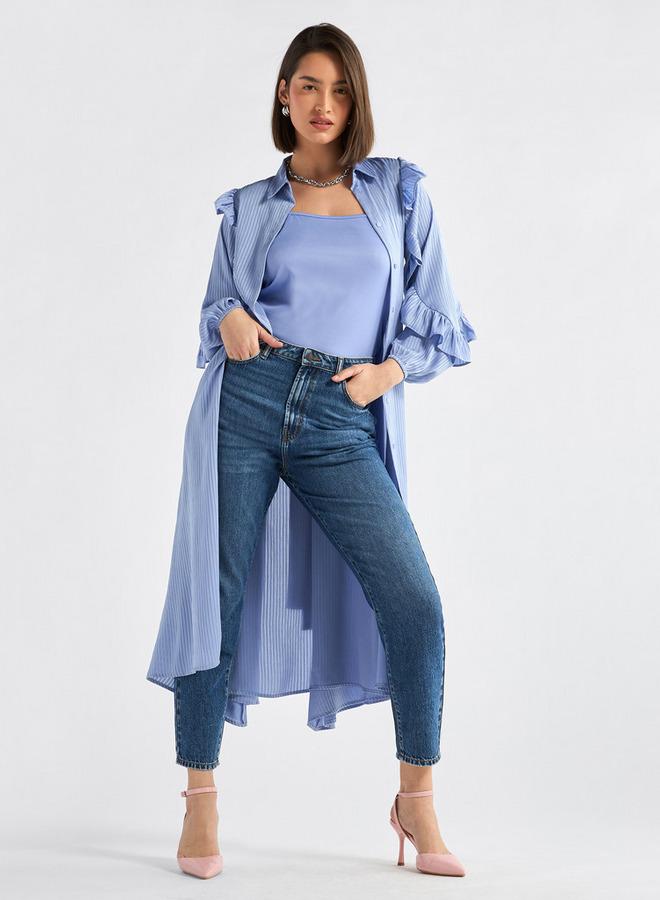 سبلاش فيڤ فستان ميدي مخطط غير متماثل بأكمام مكشكشة - Image 2