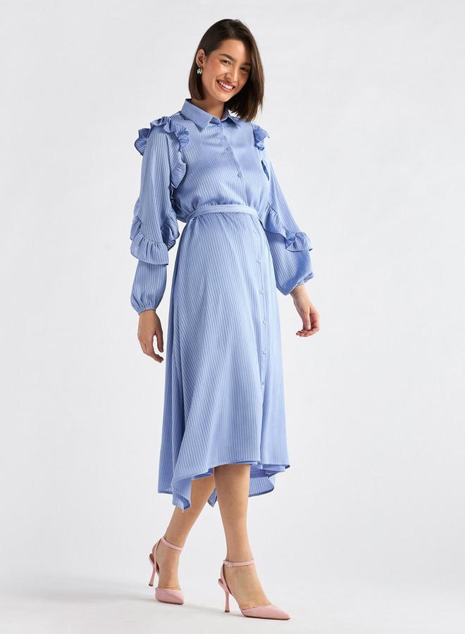 سبلاش فيڤ فستان ميدي مخطط غير متماثل بأكمام مكشكشة - Image 1