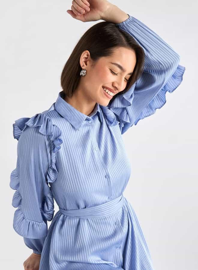 سبلاش فيڤ فستان ميدي مخطط غير متماثل بأكمام مكشكشة - Image 4