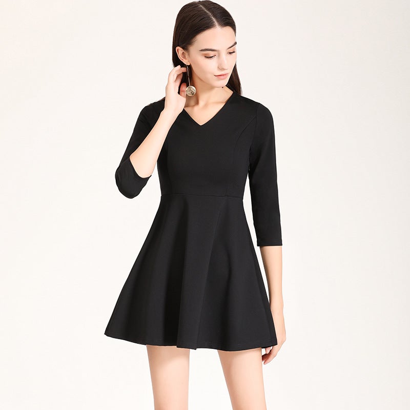 Professional Little Black Dress 2022 Autumn New Elegant Slim V-Neck Seven-Point Sleeve A- Line Base Dress Work Uniform - Image 3
