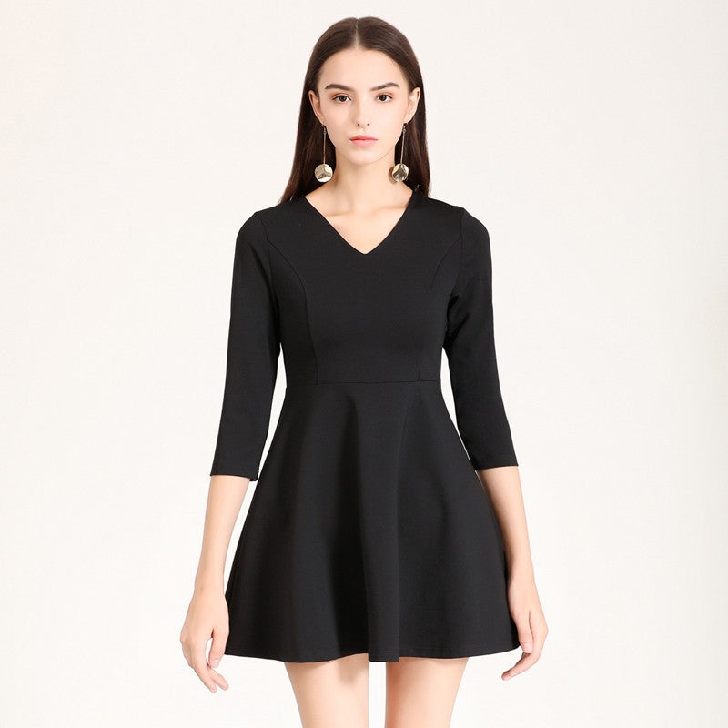 Professional Little Black Dress 2022 Autumn New Elegant Slim V-Neck Seven-Point Sleeve A- Line Base Dress Work Uniform - Image 2