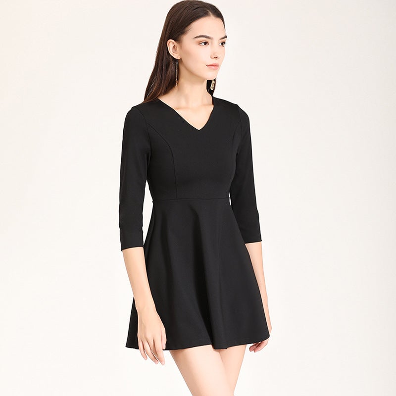 Professional Little Black Dress 2022 Autumn New Elegant Slim V-Neck Seven-Point Sleeve A- Line Base Dress Work Uniform - Image 5