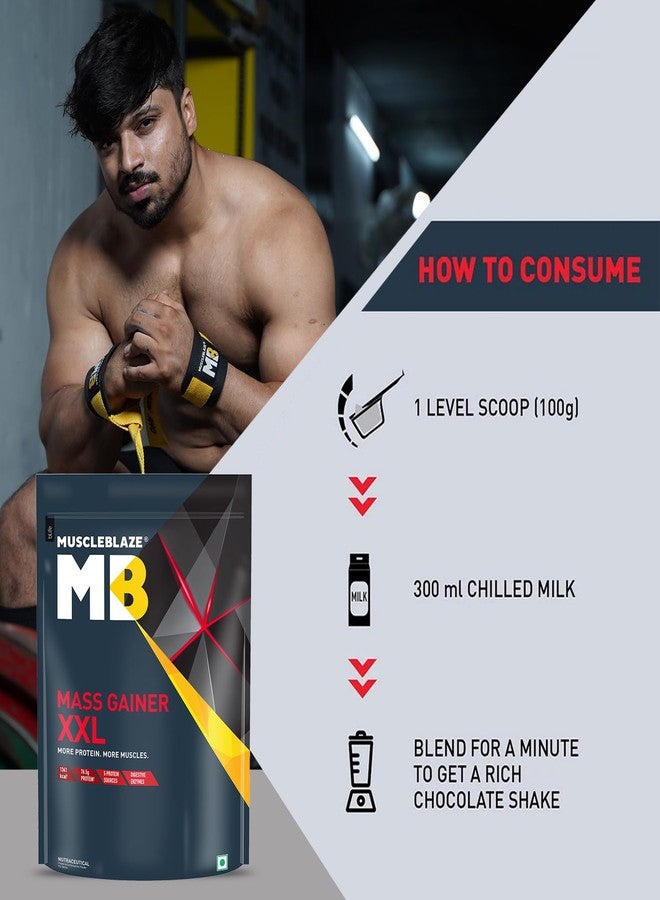 MuscleBlaze Mass Gainer XXL Powder, Chocolate (10 Servings, 1kg / 2.2lbs) | 18g Protein, 70g Carbs per Scoop | With Complex Carbs, High Protein & Digestive Enzymes - Image 4
