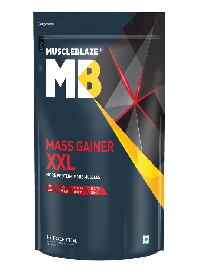 MuscleBlaze Mass Gainer XXL Powder, Chocolate (10 Servings, 1kg / 2.2lbs) | 18g Protein, 70g Carbs per Scoop | With Complex Carbs, High Protein & Digestive Enzymes - Image 1