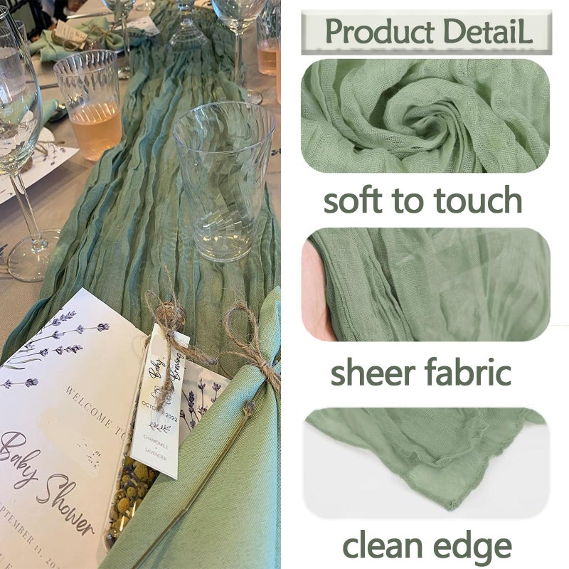 ACSUIT 4 Pack Sage Green Cheesecloth Table Runner 20 x 120 inch Gauze Table Runners 10 FT Long,Semi Sheer Boho Cheese Cloth Fabric Table Runner Bulk for Wedding,Party,Baby Shower,Bridal Shower Decoration - Image 3