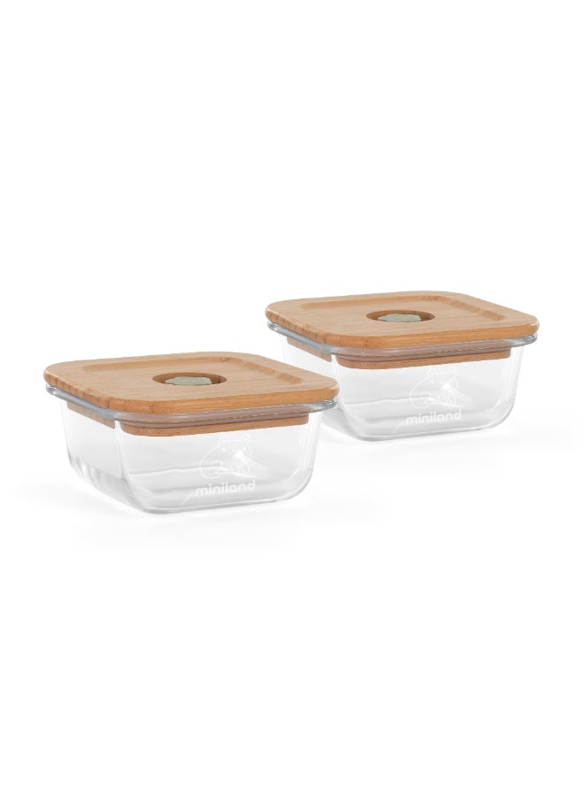 Miniland EcoSquare Frog Airtight Glass Baby Food Containers – 210 ml (Set of 2) - Image 1