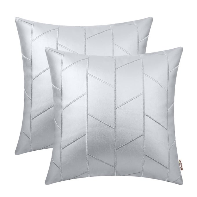 FAUX LEATHER PILLOW COVERS 18 X 18 INCHES SILVER LEATHER PILLOW COVERS PACK OF 2 GEOMETRIC EMBROIDERY LEATHER DECORATIVE THROW PILLOWS FOR LIVING ROOM COUCH BED SOFA HOME