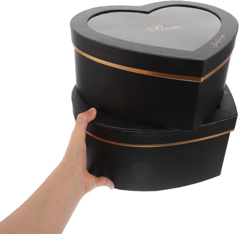 CONGARTENO Heart Shaped Cardboard Box Set 2pcs Black Paper Boxes with Lids for Valentines Day Bridesmaid Proposal Makeup Storage and Flower Arrangement Packaging - Image 3