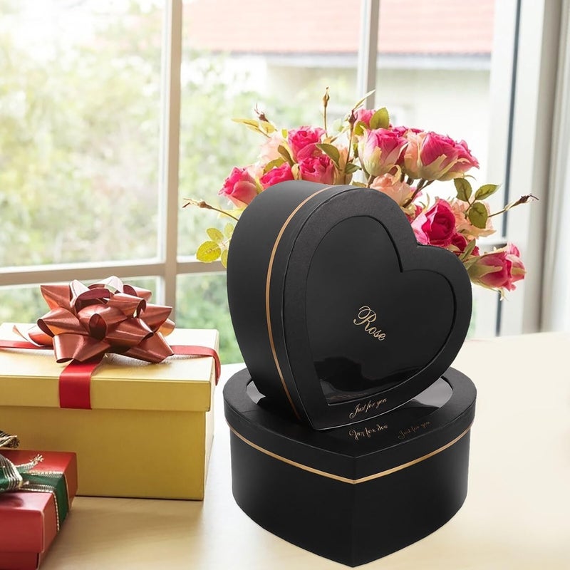 CONGARTENO Heart Shaped Cardboard Box Set 2pcs Black Paper Boxes with Lids for Valentines Day Bridesmaid Proposal Makeup Storage and Flower Arrangement Packaging - Image 4