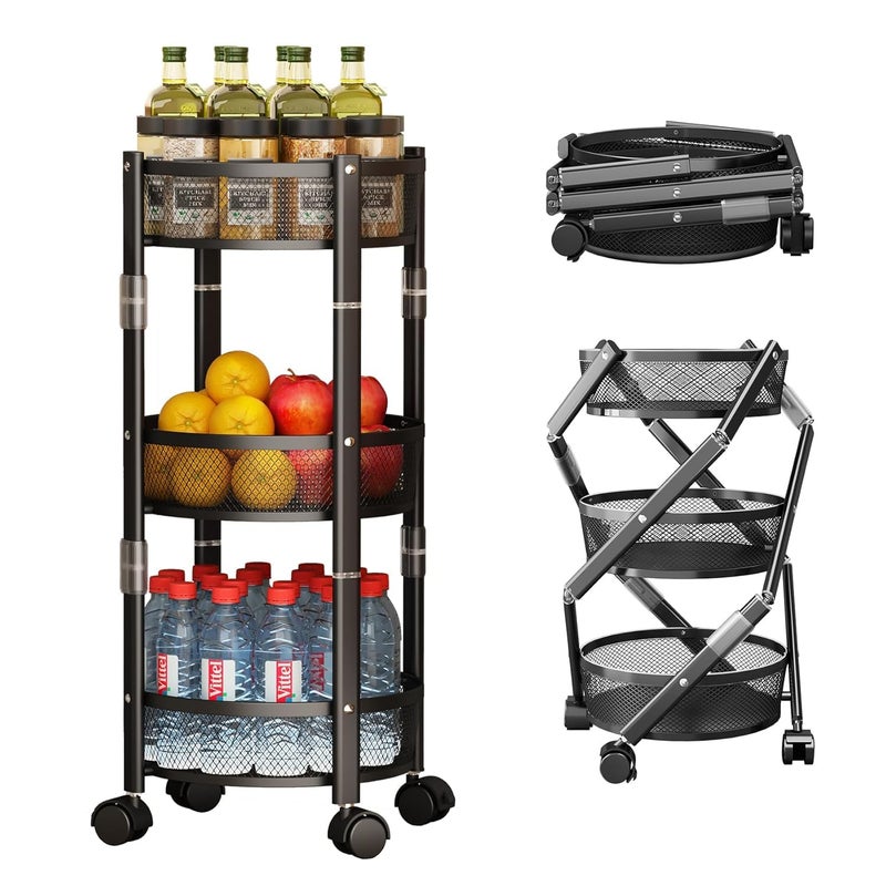 GNEY 3 Tier Folding Rolling Utility Cart 138inch Round Storage Cart with Lockable Wheels Metal Collapsible Organizer Trolley for Living Room Kitchen Bathroom and Office Goose Black - Image 1