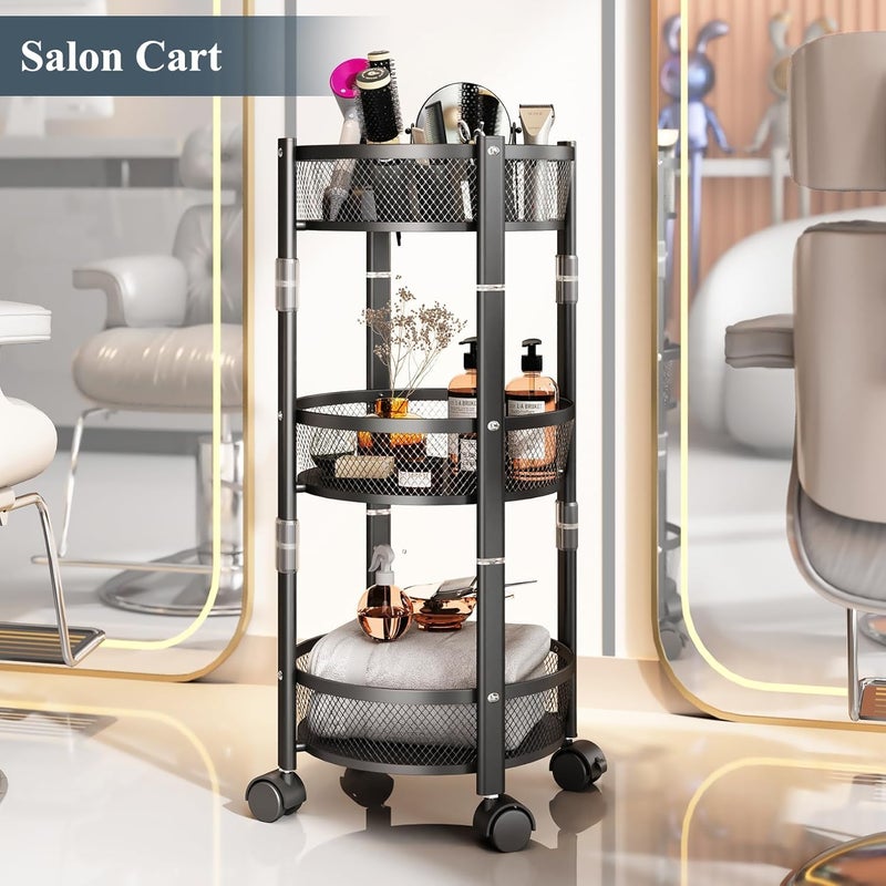 GNEY 3 Tier Folding Rolling Utility Cart 138inch Round Storage Cart with Lockable Wheels Metal Collapsible Organizer Trolley for Living Room Kitchen Bathroom and Office Goose Black - Image 4