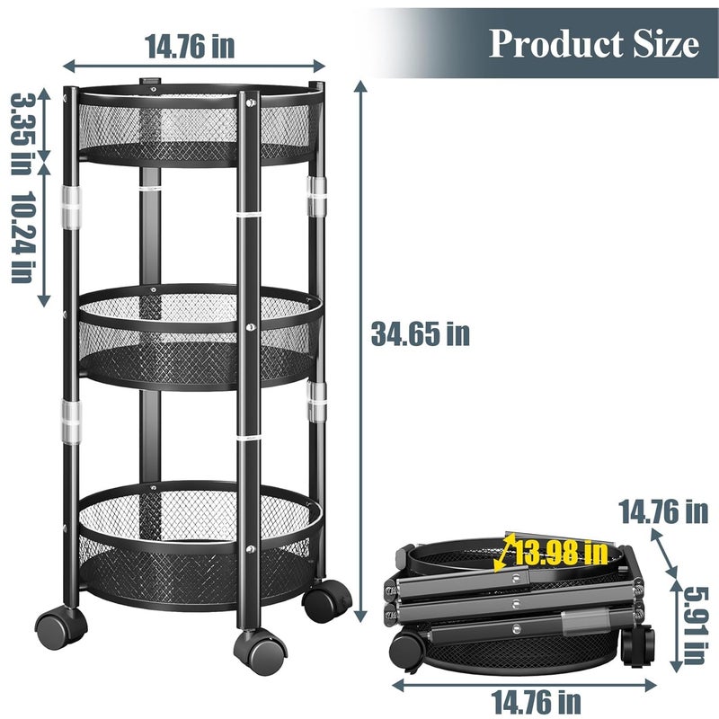 GNEY 3 Tier Folding Rolling Utility Cart 138inch Round Storage Cart with Lockable Wheels Metal Collapsible Organizer Trolley for Living Room Kitchen Bathroom and Office Goose Black - Image 3