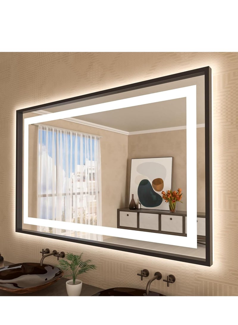 فيبارتي مرآة حمام LED حديثة مع مضاد للضباب ، إطار من الألومنيوم الأسود ، سطوع قابل للتعديل ، 3 درجات حرارة للألوان ، إضاءة أمامية وخلفية ، مستشعر يعمل باللمس ، زجاج مقاوم للكسر ، 120 × 75 سم - مثالي للحمام وغرفة النوم وغرفة المعيشة. - Image 1