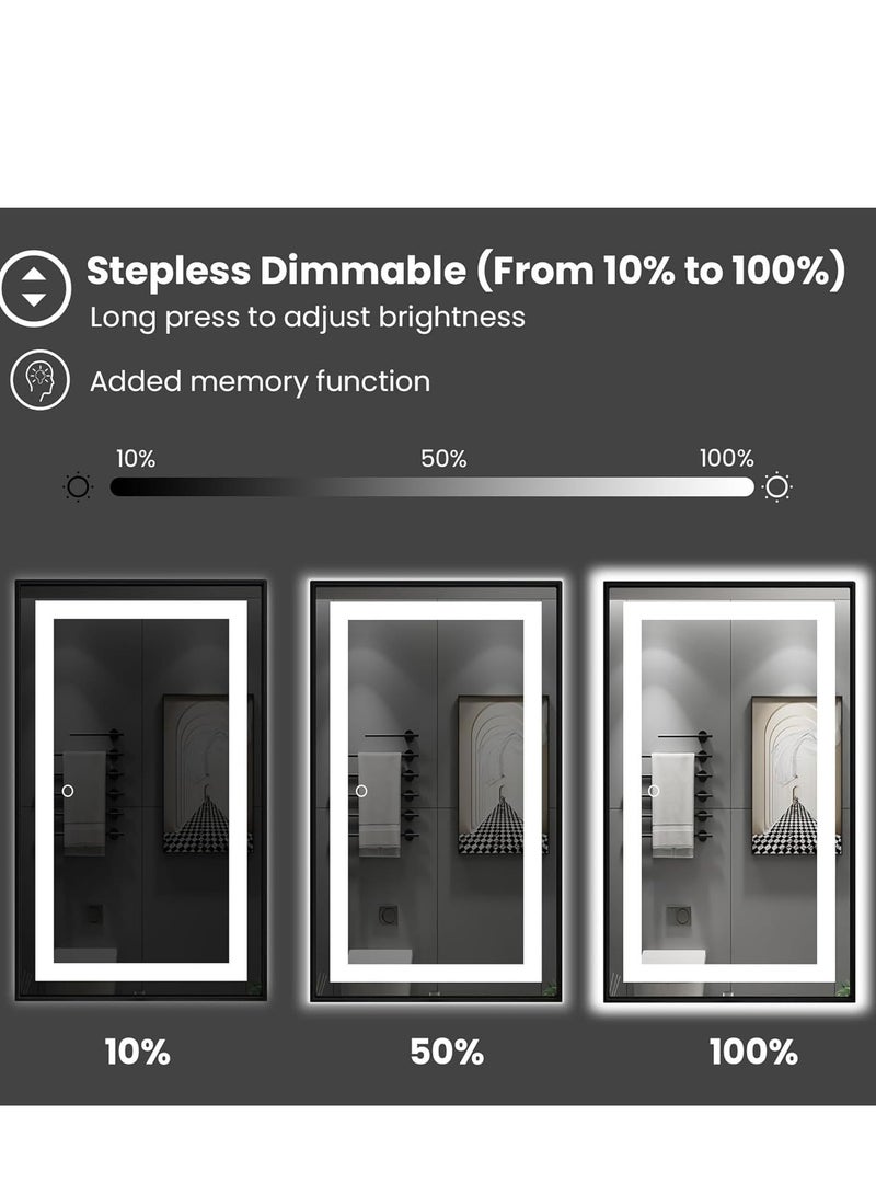 فيبارتي مرآة حمام LED حديثة مع مضاد للضباب ، إطار من الألومنيوم الأسود ، سطوع قابل للتعديل ، 3 درجات حرارة للألوان ، إضاءة أمامية وخلفية ، مستشعر يعمل باللمس ، زجاج مقاوم للكسر ، 120 × 75 سم - مثالي للحمام وغرفة النوم وغرفة المعيشة. - Image 3