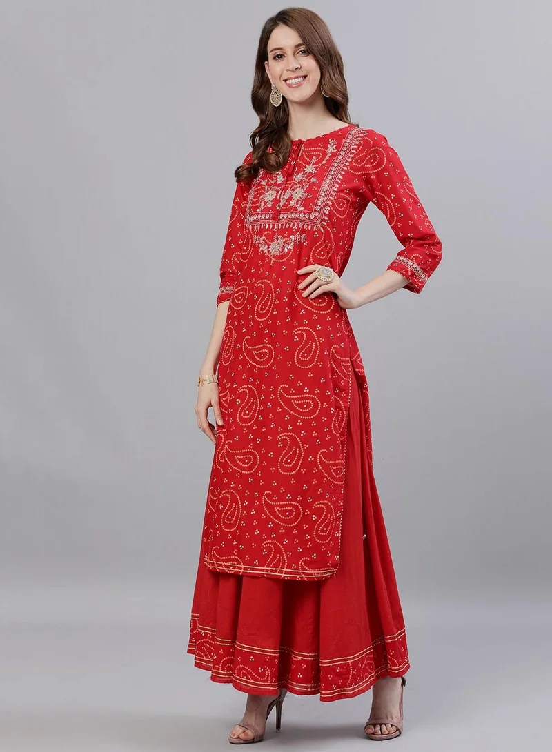 ISHIN Women's Red 100% Cotton Yoke Design Straight Fit Kurta Set