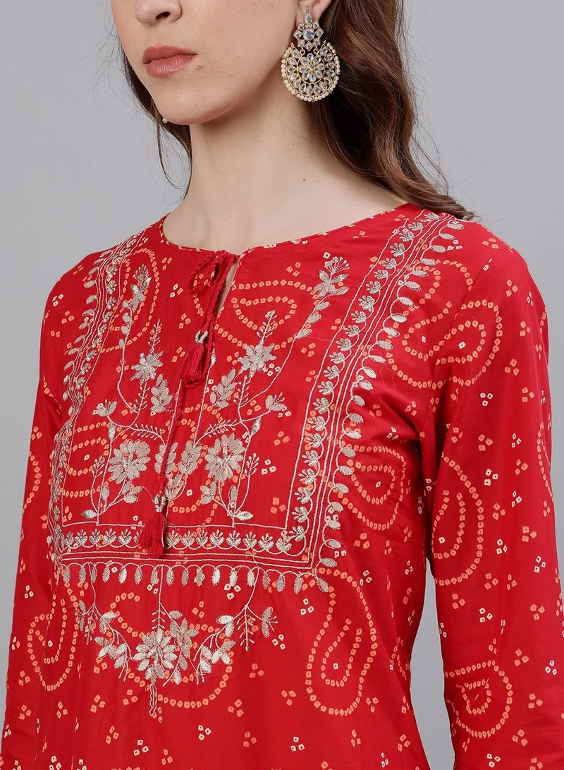 ISHIN Women's Red 100% Cotton Yoke Design Straight Fit Kurta Set