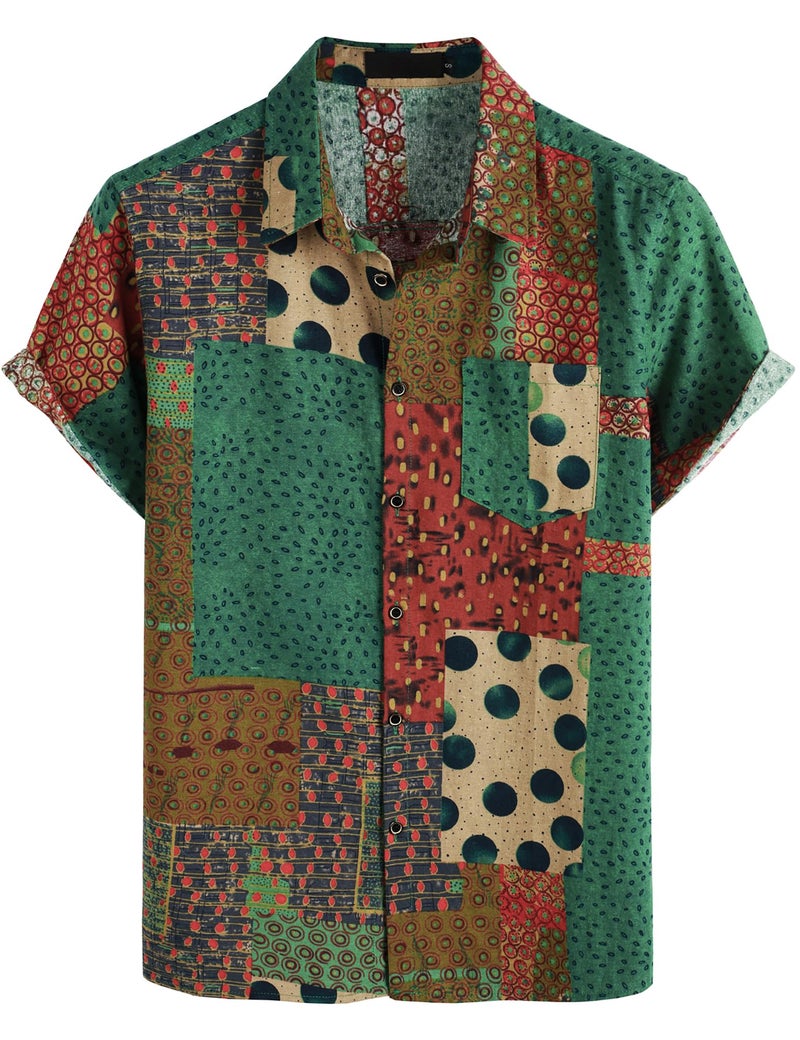 PARKLEES Men's Casual Linen Breathable Short Sleeve Button up Hawaiian Shirts Hipster 70s Hippie Tops Green Large - Image 1