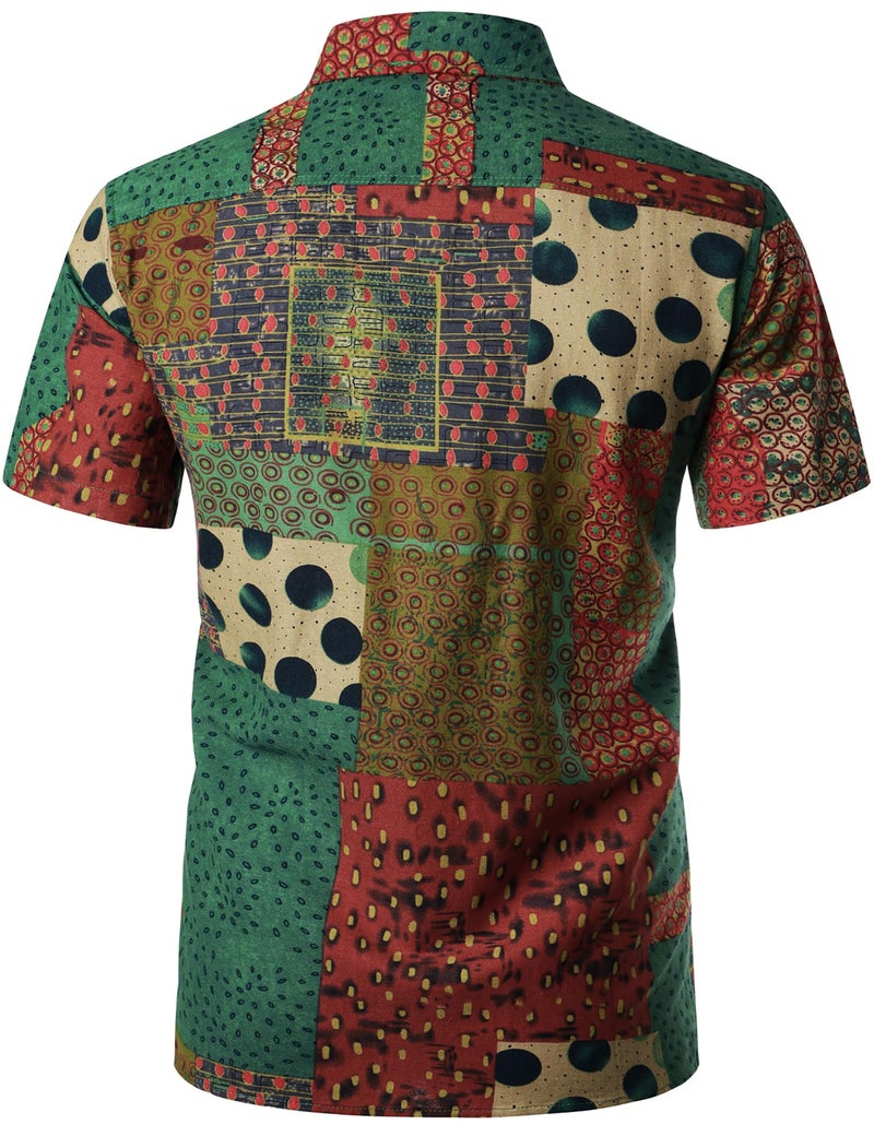 PARKLEES Men's Casual Linen Breathable Short Sleeve Button up Hawaiian Shirts Hipster 70s Hippie Tops Green Large - Image 5
