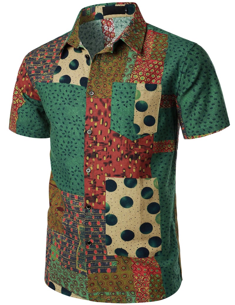 PARKLEES Men's Casual Linen Breathable Short Sleeve Button up Hawaiian Shirts Hipster 70s Hippie Tops Green Large - Image 3
