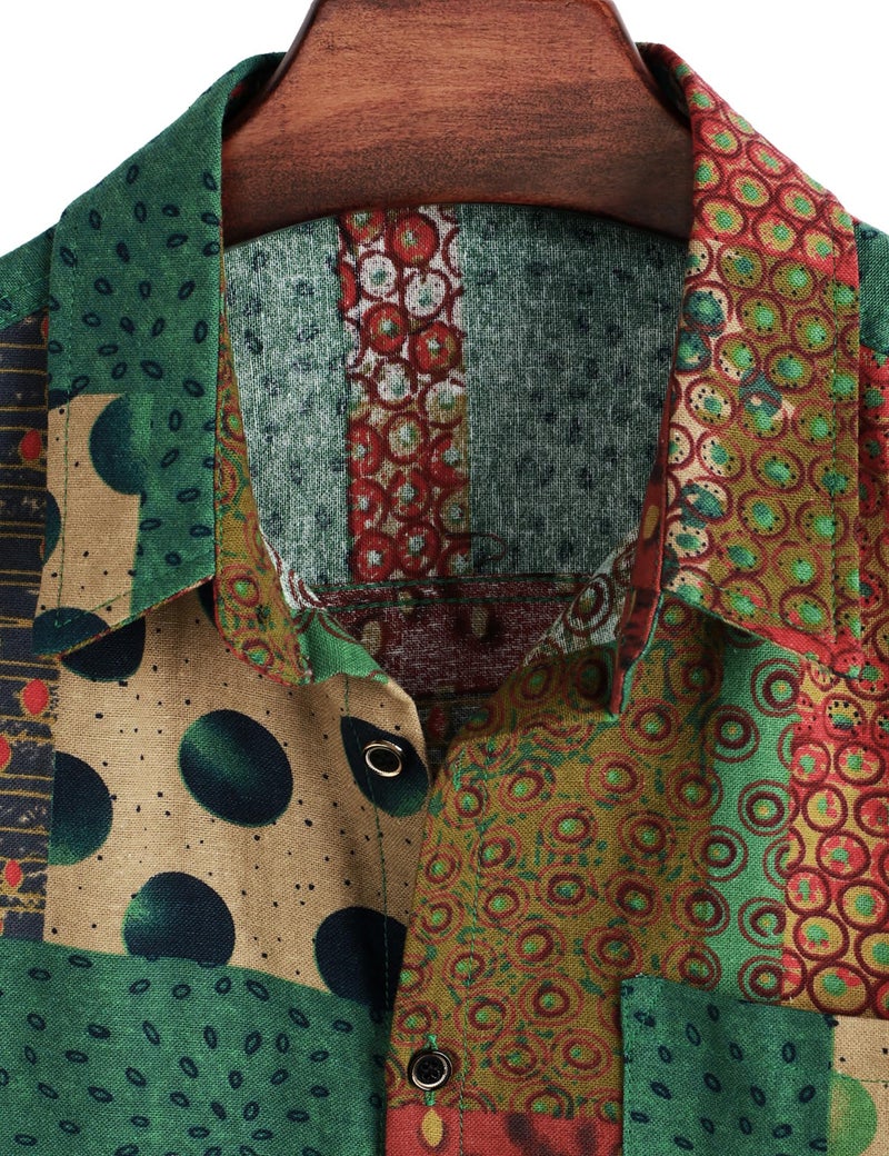 PARKLEES Men's Casual Linen Breathable Short Sleeve Button up Hawaiian Shirts Hipster 70s Hippie Tops Green Large - Image 2