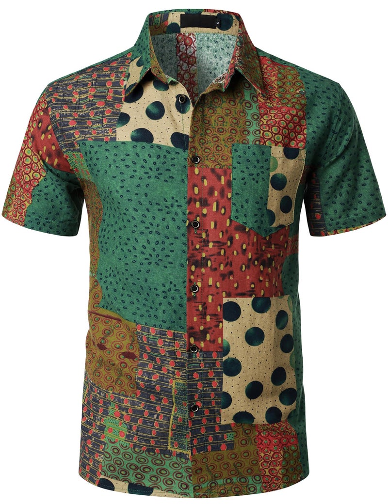 PARKLEES Men's Casual Linen Breathable Short Sleeve Button up Hawaiian Shirts Hipster 70s Hippie Tops Green Large - Image 4