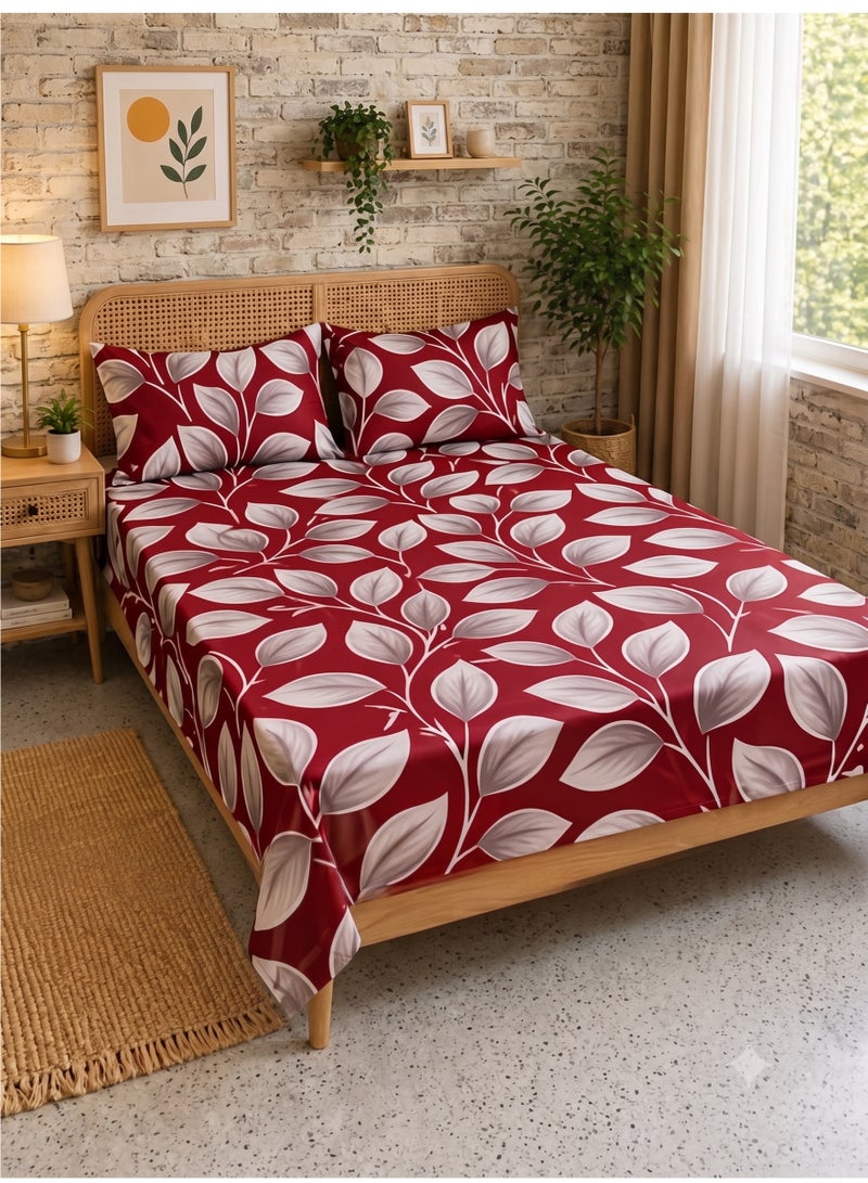 ZEESQUARE 3 Piece Red Flat Bedsheet Set – Premium 100% Cotton Honeycomb Leaf Design Bed Sheet with 1 Flat Sheet & 2 Pillow Covers, Soft Breathable 125 GSM Bedding Set for King, Queen & Single Size Beds - Image 3