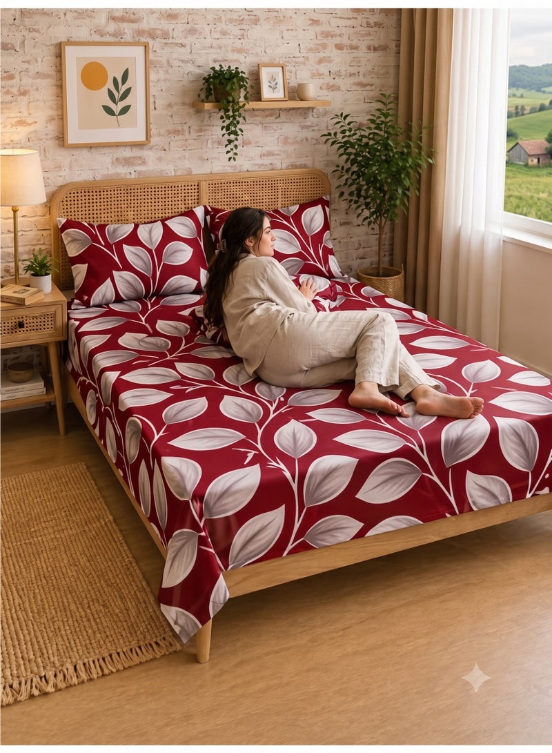 ZEESQUARE 3 Piece Red Flat Bedsheet Set – Premium 100% Cotton Honeycomb Leaf Design Bed Sheet with 1 Flat Sheet & 2 Pillow Covers, Soft Breathable 125 GSM Bedding Set for King, Queen & Single Size Beds - Image 2