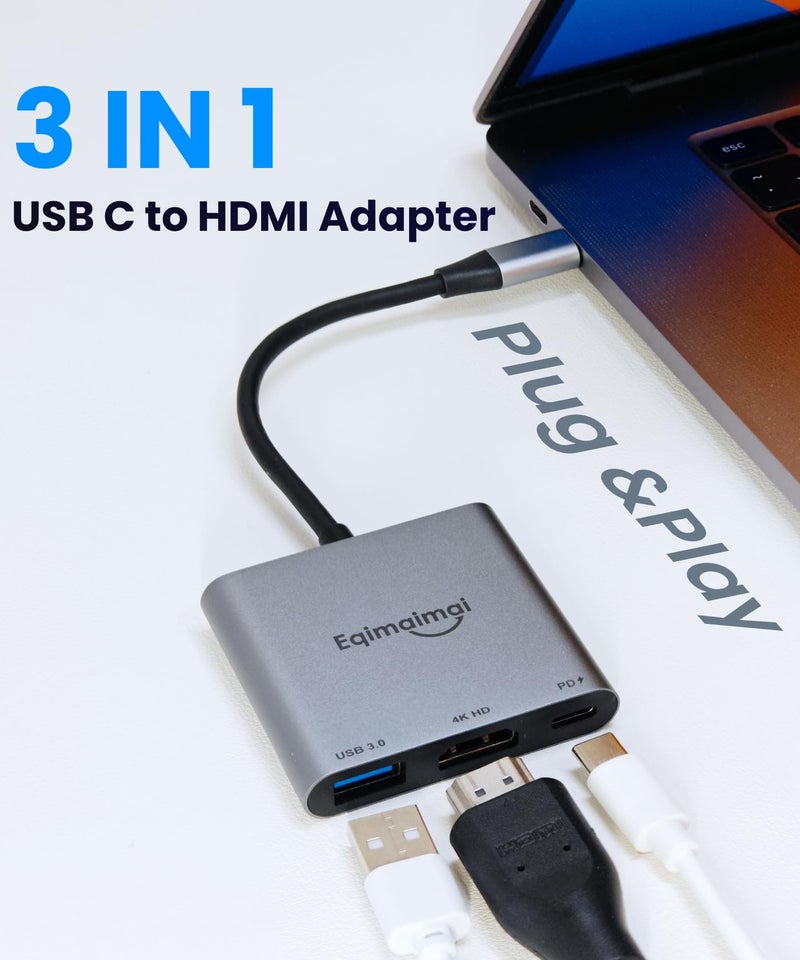 eqimaimai USB C to HDMI Adapter, 4K@30 HDMI to USB C,USBC to HDMI Adapter with USB 3.0, 100W PD Charging, Multiport Hub Compatible with MacBook Pro, iPad Air, iPhone, Laptop, TV, Switch, Monitor and More - Image 2
